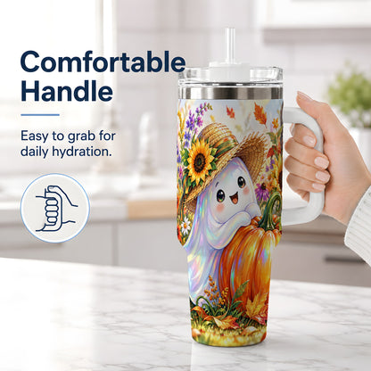 #pl[40oz|White] Autumn Ghost Tumbler 40oz, Pumpkin Sunflower Garden Seasonal Artwork