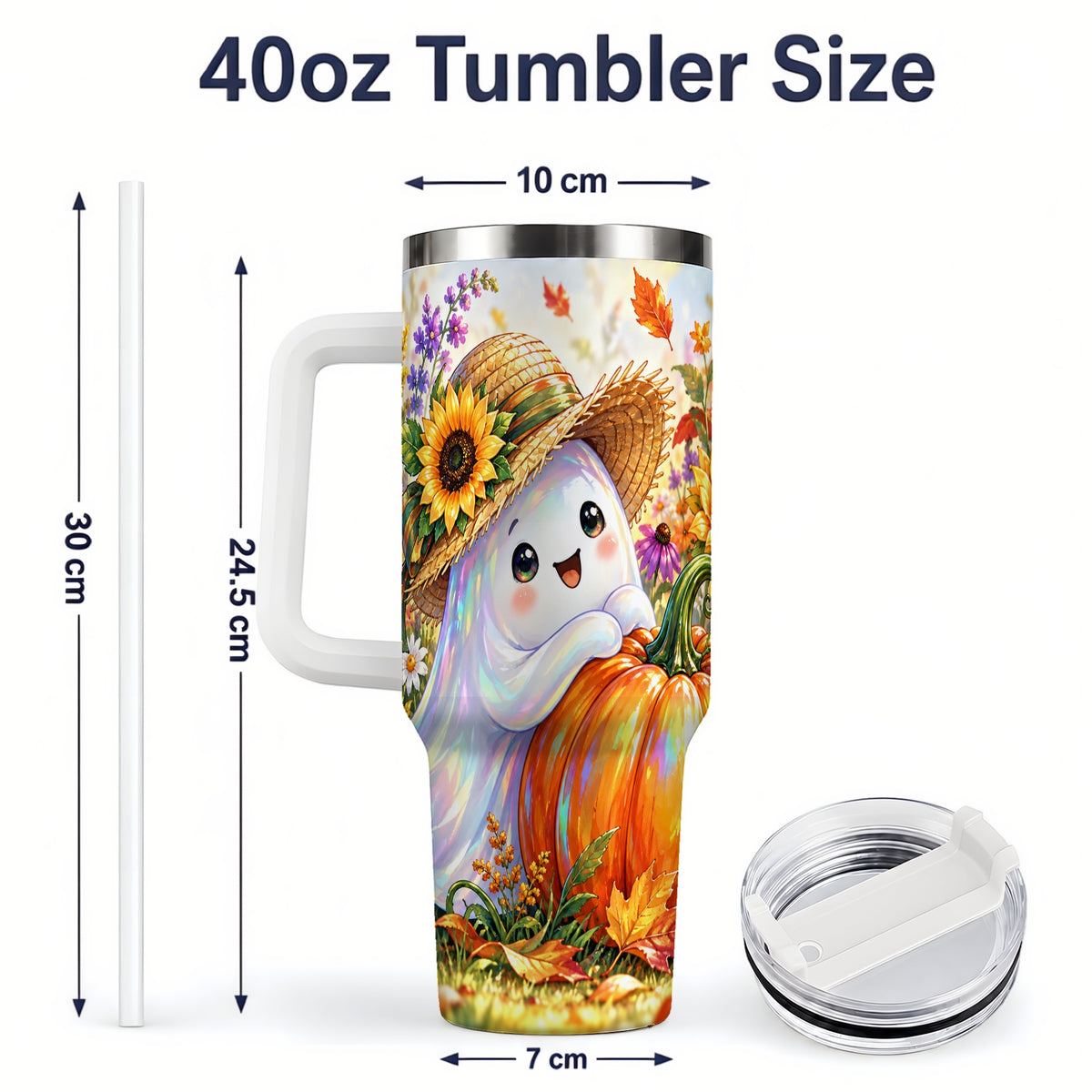 #pl[40oz|White] Autumn Ghost Tumbler 40oz, Pumpkin Sunflower Garden Seasonal Artwork