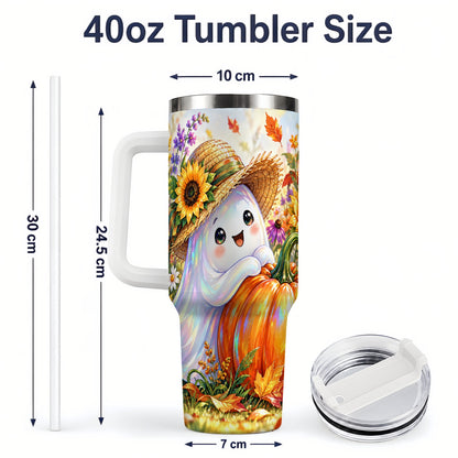 #pl[40oz|White] Autumn Ghost Tumbler 40oz, Pumpkin Sunflower Garden Seasonal Artwork