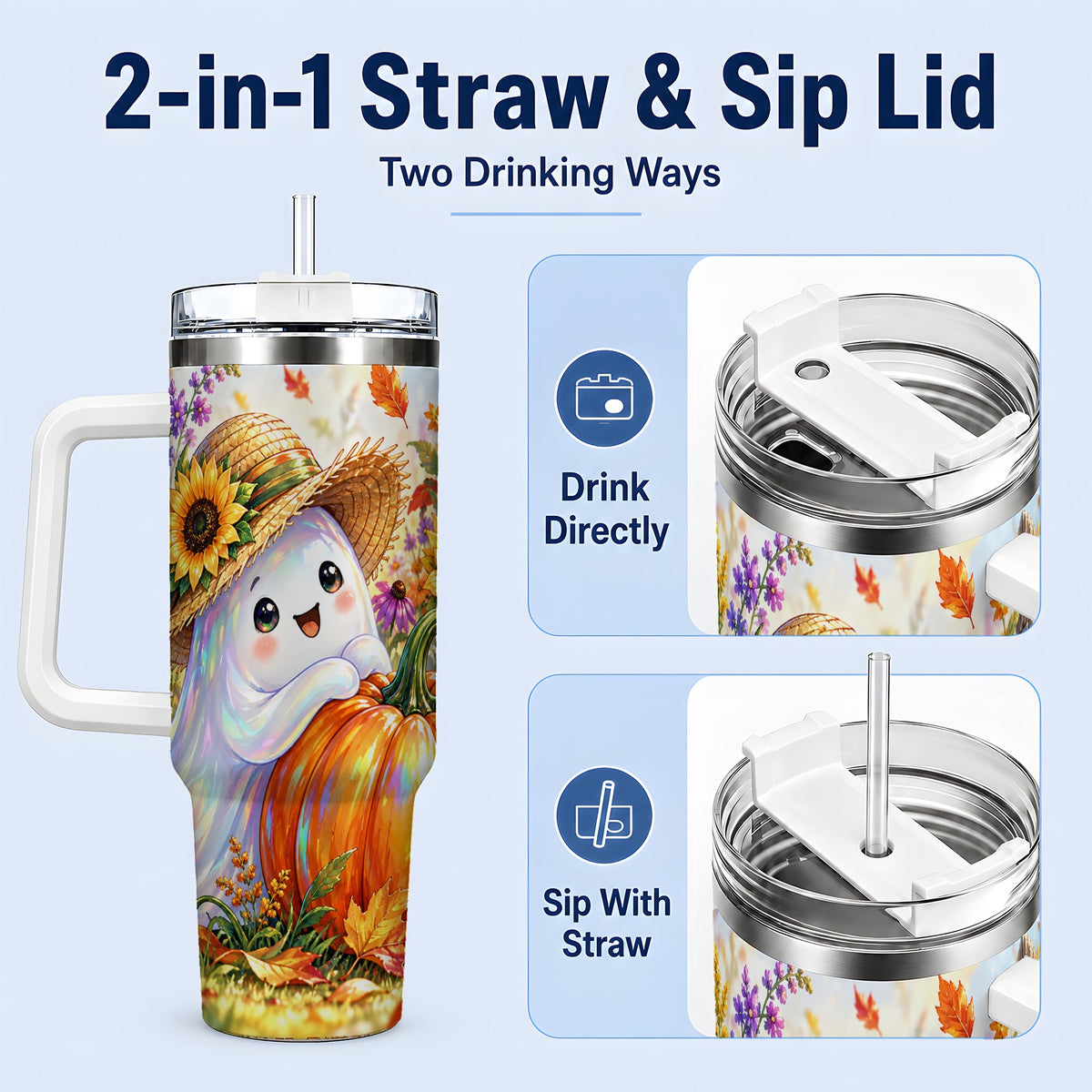 #pl[40oz|White] Autumn Ghost Tumbler 40oz, Pumpkin Sunflower Garden Seasonal Artwork