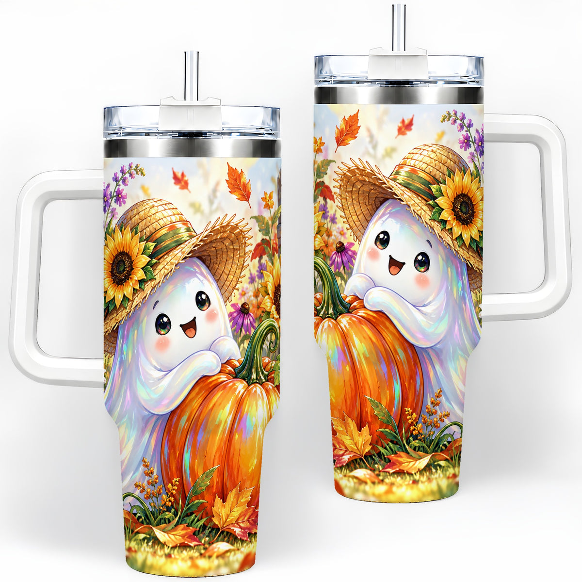 Autumn Ghost Tumbler 40oz, Pumpkin Sunflower Garden Seasonal Artwork