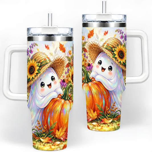 Autumn Ghost Tumbler 40oz, Pumpkin Sunflower Garden Seasonal Artwork