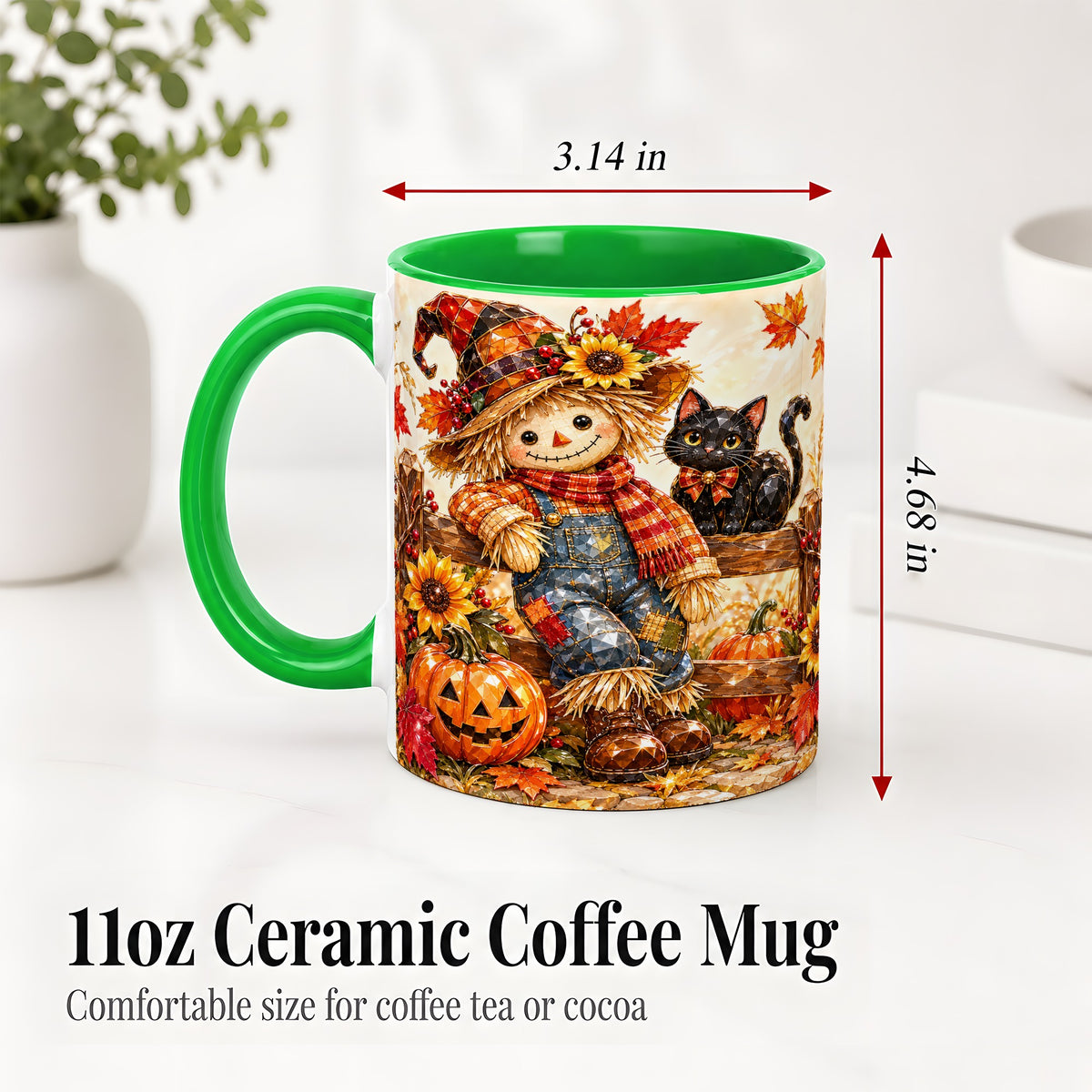 #pl[11oz|Green] Autumn Scarecrow Cat Ceramic Mug, Pumpkin Sunflower Artwork