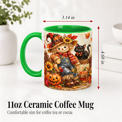 #pl[11oz|Green] Autumn Scarecrow Cat Ceramic Mug, Pumpkin Sunflower Artwork