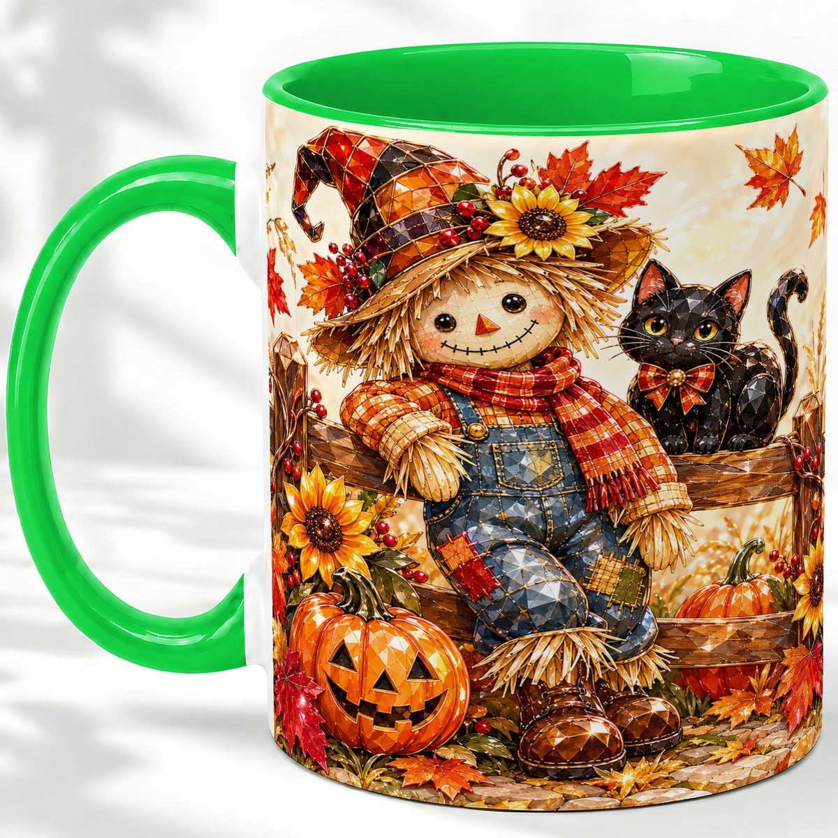 #pl[11oz|Green] Autumn Scarecrow Cat Ceramic Mug, Pumpkin Sunflower Artwork
