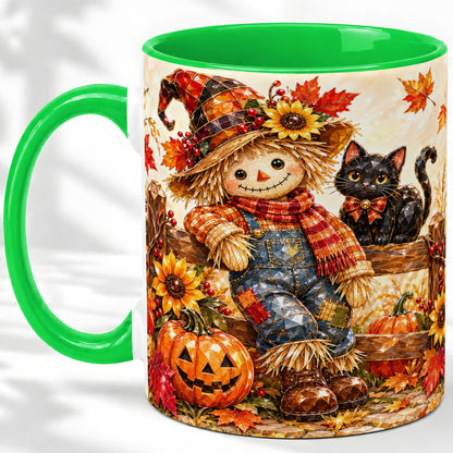 #pl[11oz|Green] Autumn Scarecrow Cat Ceramic Mug, Pumpkin Sunflower Artwork