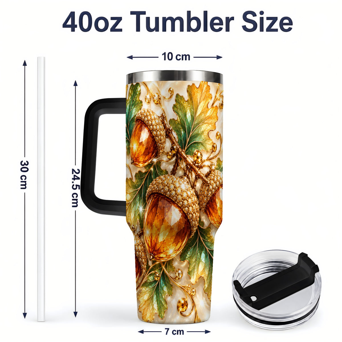 #pl[40oz|Black] Jeweled Acorn Tumbler 40oz, Oak Leaf Botanical Autumn Nature Artwork