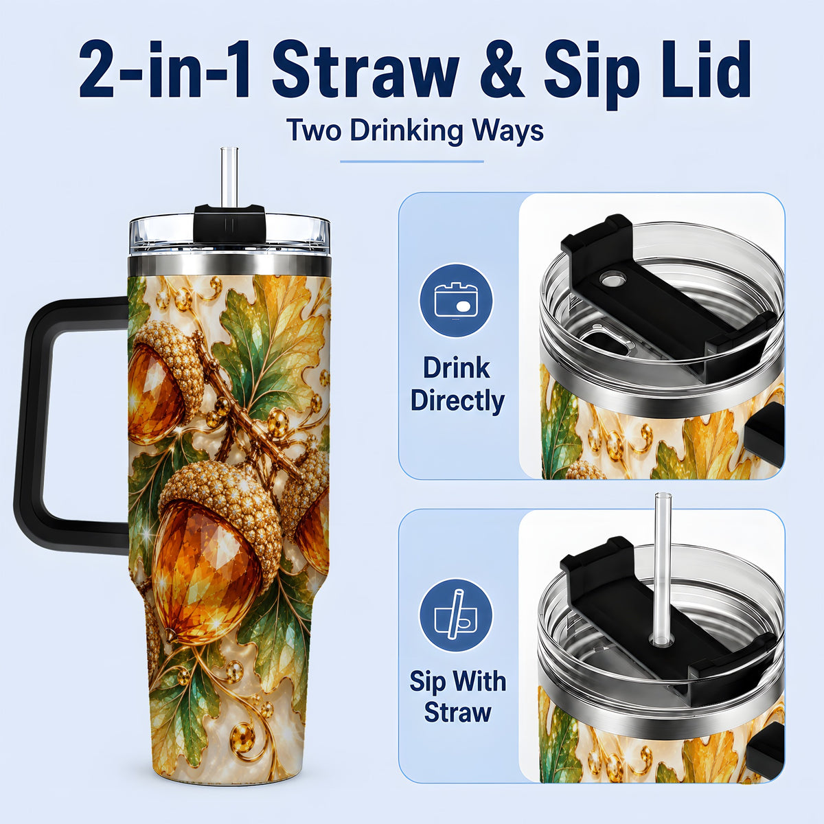 #pl[40oz|Black] Jeweled Acorn Tumbler 40oz, Oak Leaf Botanical Autumn Nature Artwork