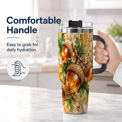 #pl[40oz|Black] Jeweled Acorn Tumbler 40oz, Oak Leaf Botanical Autumn Nature Artwork
