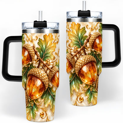 #pl[40oz|Black] Jeweled Acorn Tumbler 40oz, Oak Leaf Botanical Autumn Nature Artwork
