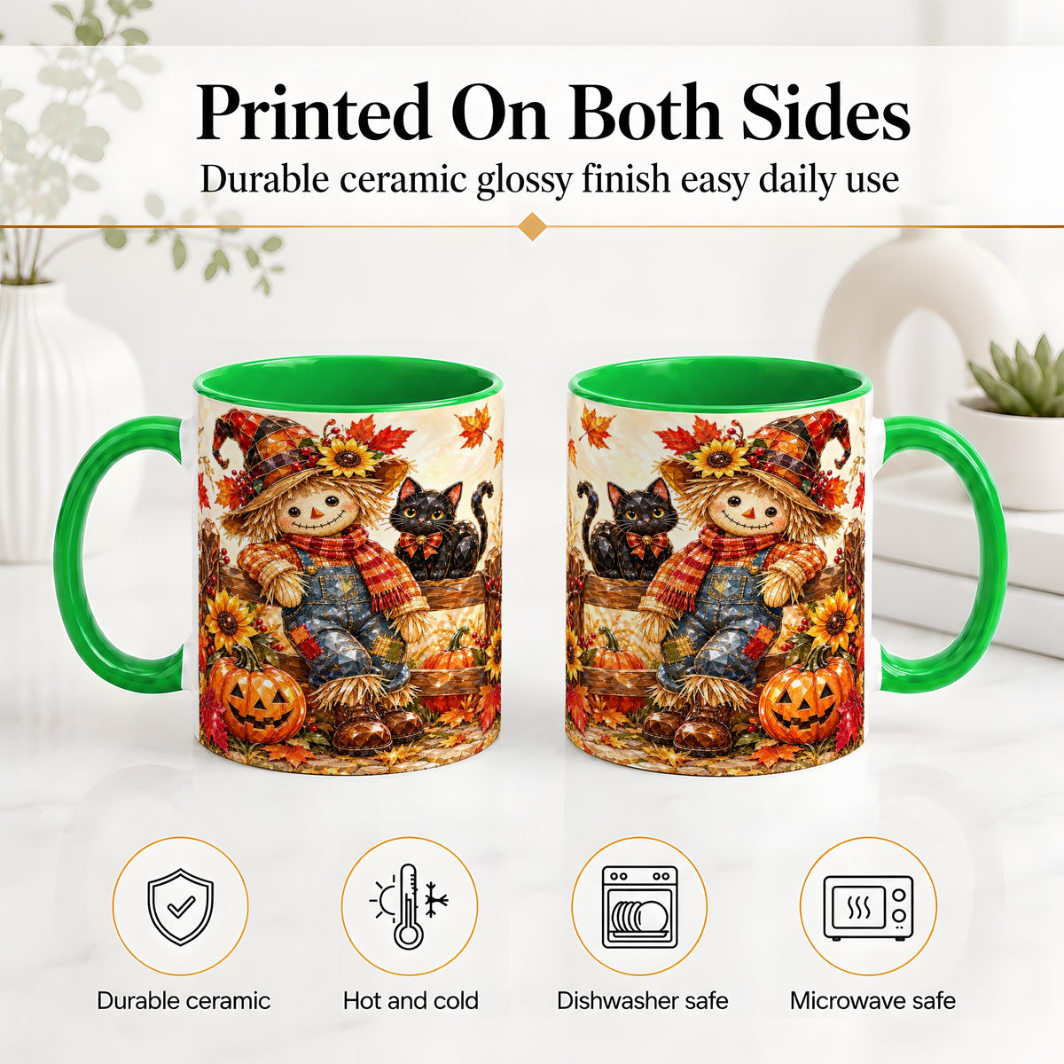 #pl[11oz|Green] Autumn Scarecrow Cat Ceramic Mug, Pumpkin Sunflower Artwork