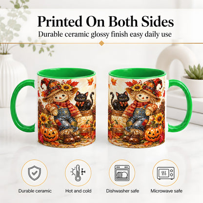 #pl[11oz|Green] Autumn Scarecrow Cat Ceramic Mug, Pumpkin Sunflower Artwork