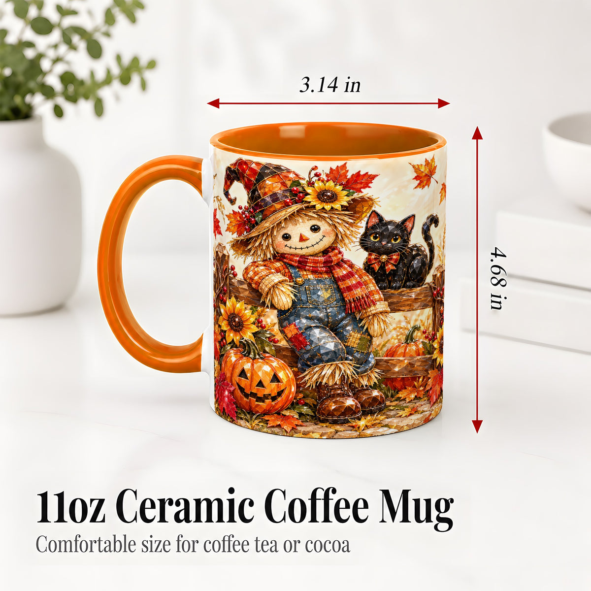 #pl[11oz|Orange] Autumn Scarecrow Cat Ceramic Mug, Pumpkin Sunflower Artwork
