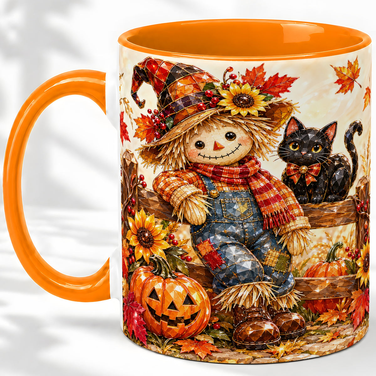 #pl[11oz|Orange] Autumn Scarecrow Cat Ceramic Mug, Pumpkin Sunflower Artwork