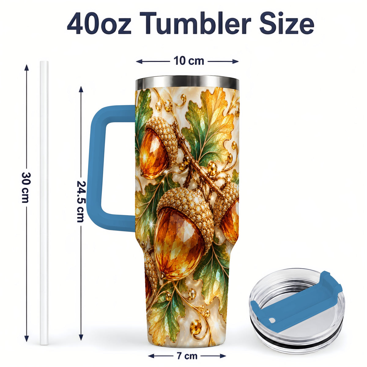 #pl[40oz|Blue] Jeweled Acorn Tumbler 40oz, Oak Leaf Botanical Autumn Nature Artwork