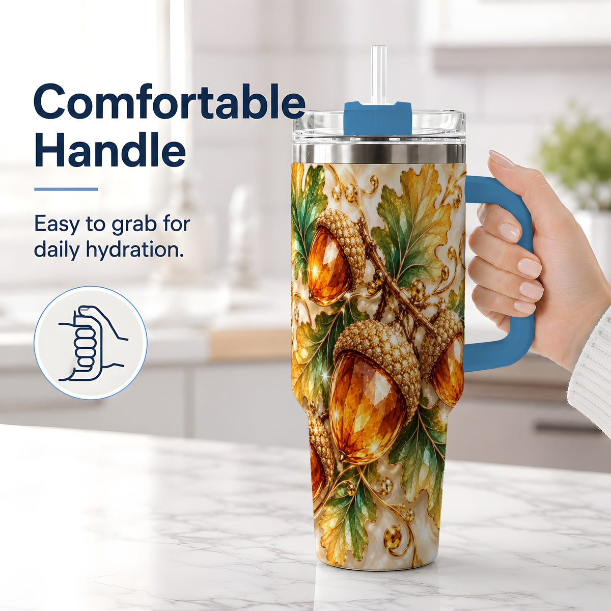 #pl[40oz|Blue] Jeweled Acorn Tumbler 40oz, Oak Leaf Botanical Autumn Nature Artwork