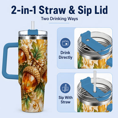 #pl[40oz|Blue] Jeweled Acorn Tumbler 40oz, Oak Leaf Botanical Autumn Nature Artwork