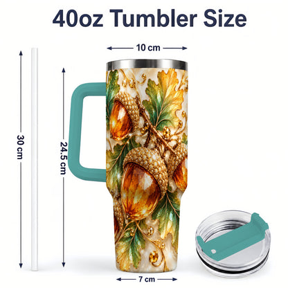 #pl[40oz|Green] Jeweled Acorn Tumbler 40oz, Oak Leaf Botanical Autumn Nature Artwork