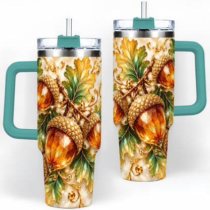 #pl[40oz|Green] Jeweled Acorn Tumbler 40oz, Oak Leaf Botanical Autumn Nature Artwork