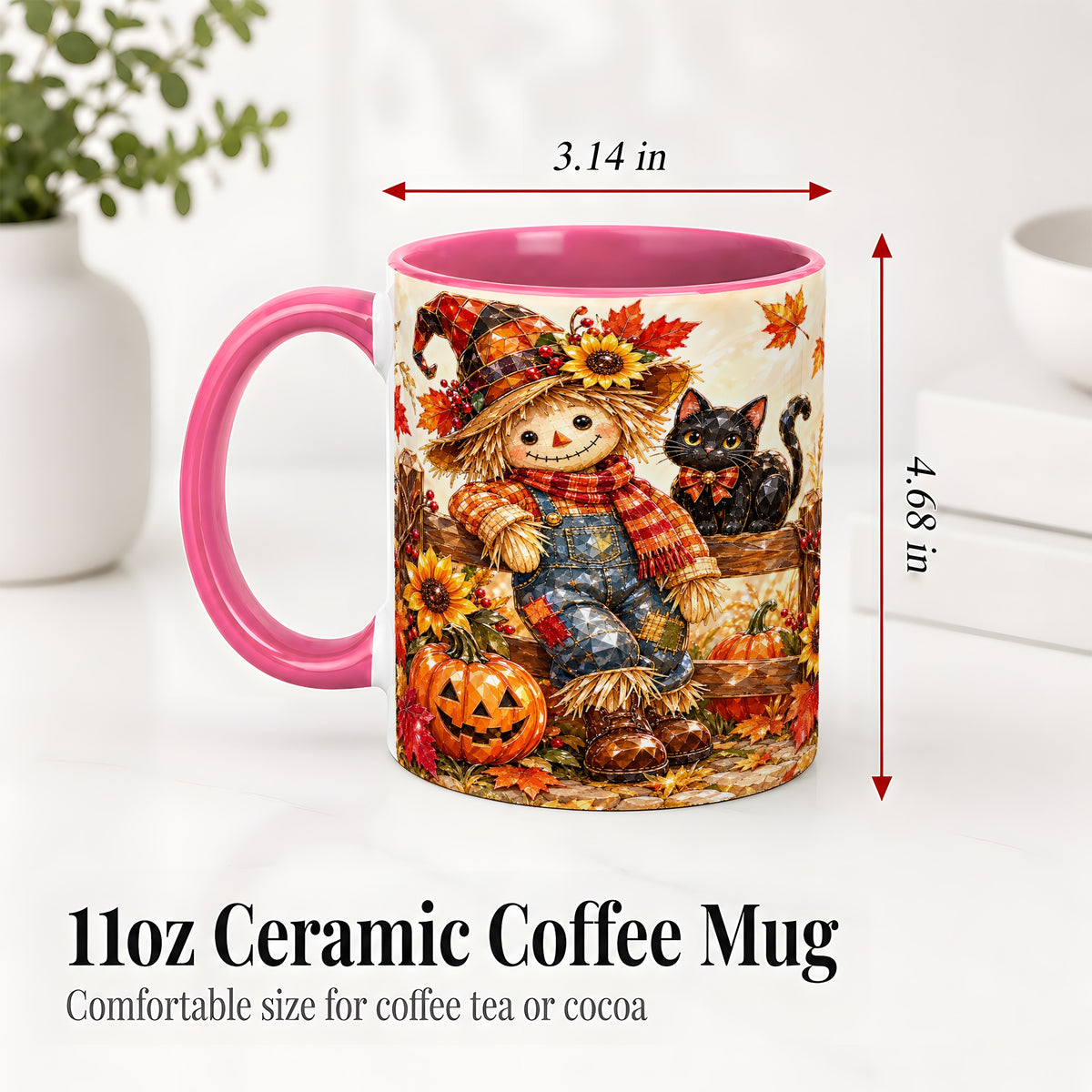 #pl[11oz|Pink] Autumn Scarecrow Cat Ceramic Mug, Pumpkin Sunflower Artwork