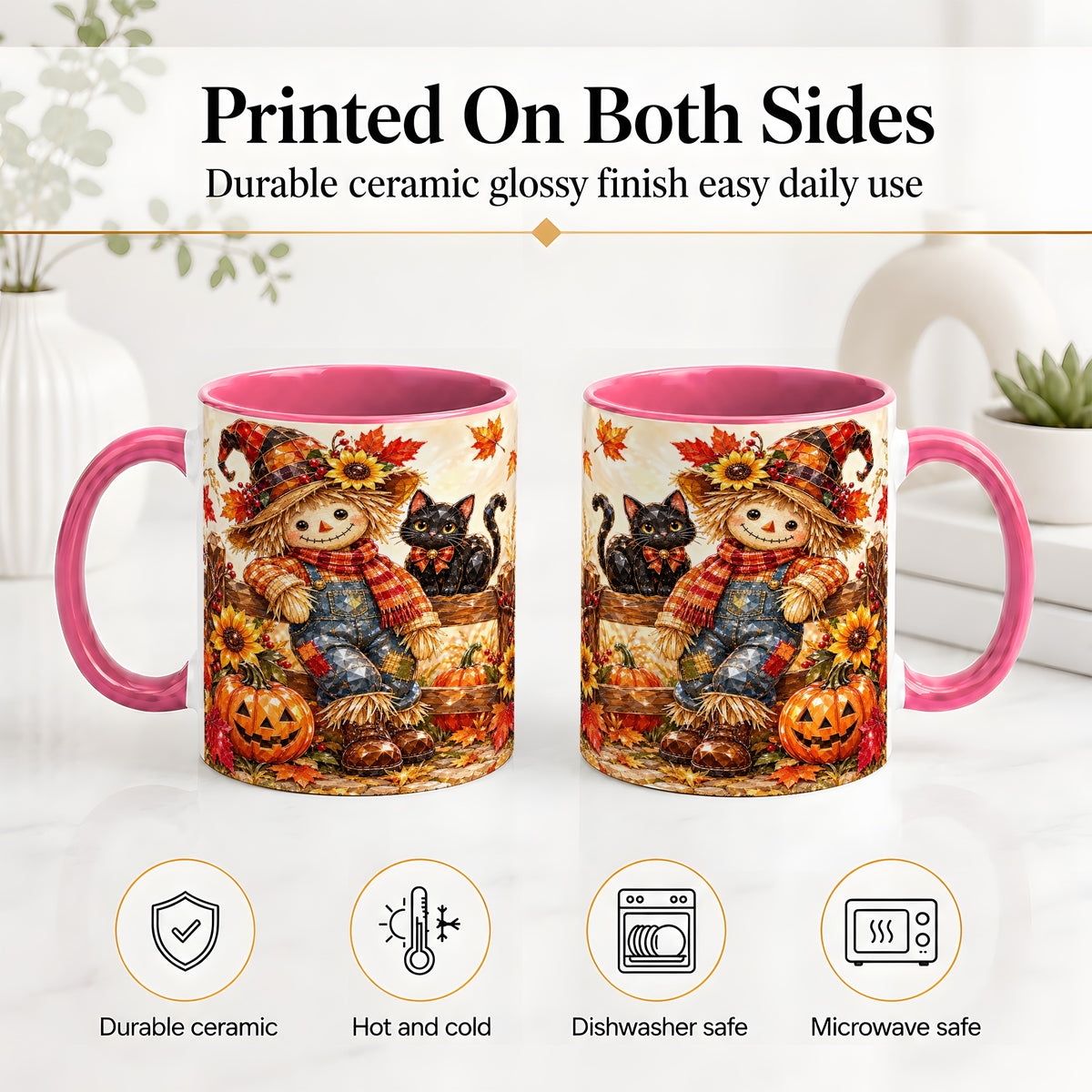 #pl[11oz|Pink] Autumn Scarecrow Cat Ceramic Mug, Pumpkin Sunflower Artwork