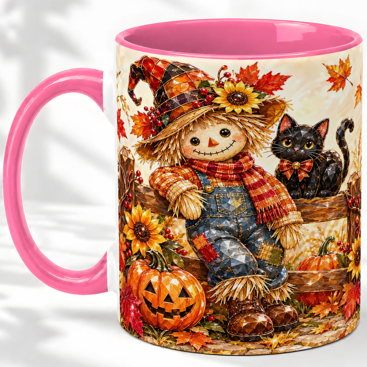 #pl[11oz|Pink] Autumn Scarecrow Cat Ceramic Mug, Pumpkin Sunflower Artwork