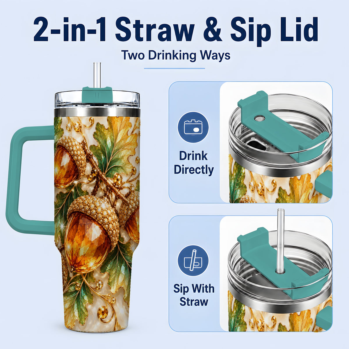 #pl[40oz|Green] Jeweled Acorn Tumbler 40oz, Oak Leaf Botanical Autumn Nature Artwork