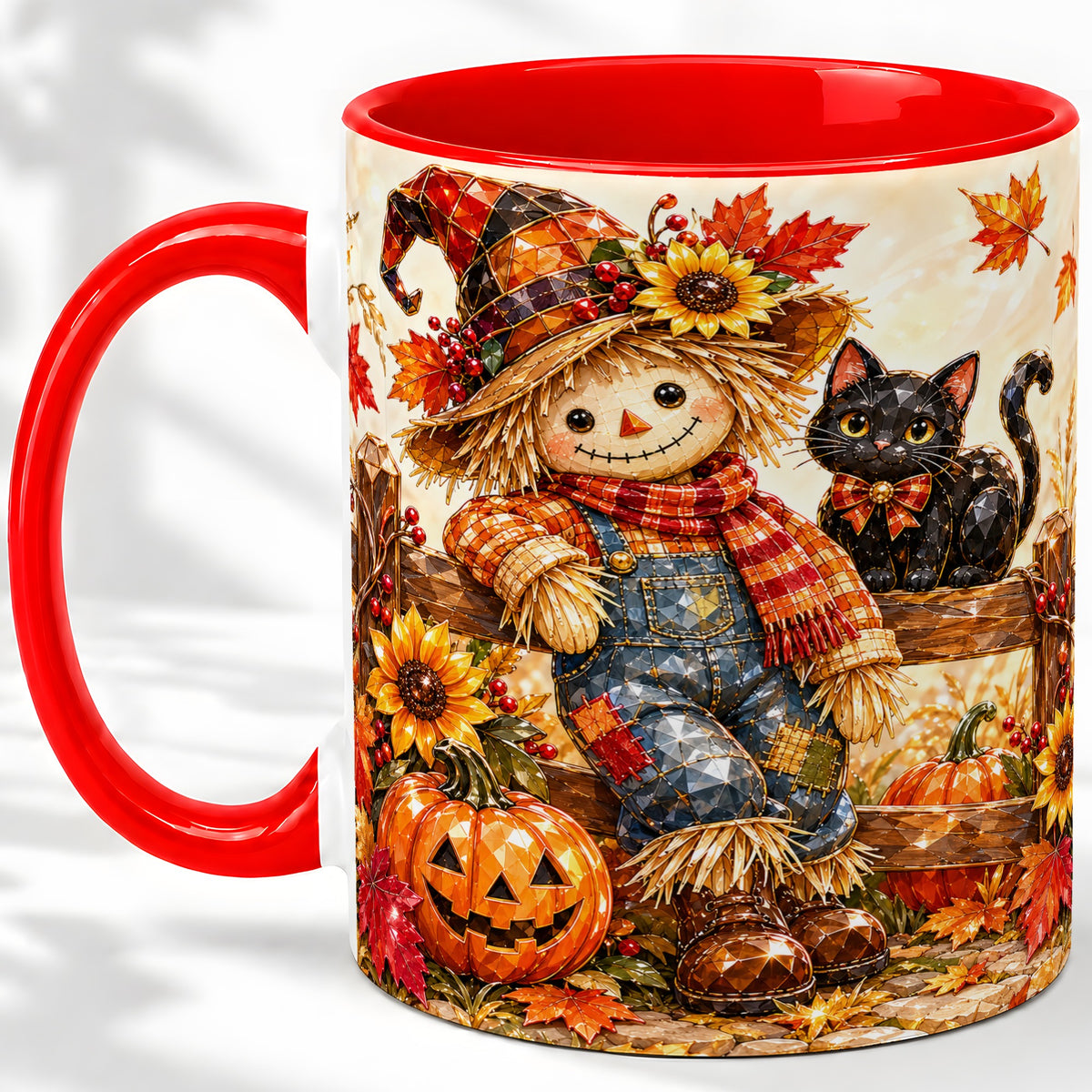 Autumn Scarecrow Cat Ceramic Mug, Pumpkin Sunflower Artwork