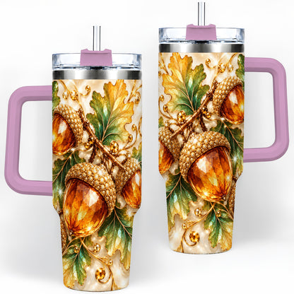 #pl[40oz|Pink] Jeweled Acorn Tumbler 40oz, Oak Leaf Botanical Autumn Nature Artwork