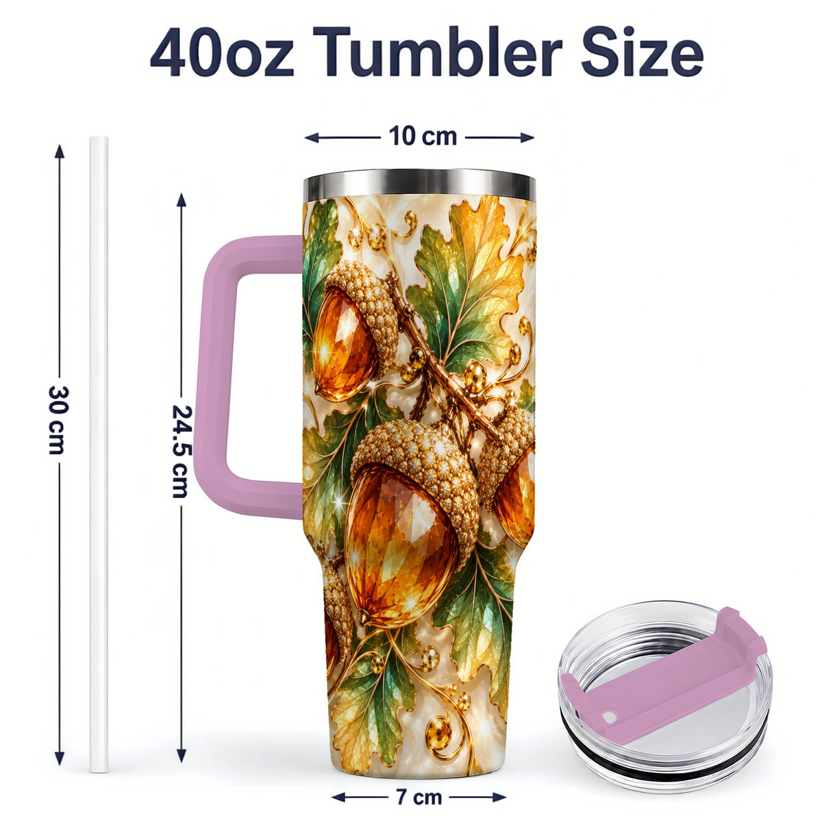 #pl[40oz|Pink] Jeweled Acorn Tumbler 40oz, Oak Leaf Botanical Autumn Nature Artwork