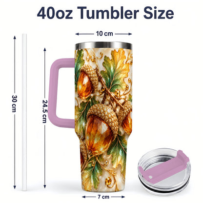 #pl[40oz|Pink] Jeweled Acorn Tumbler 40oz, Oak Leaf Botanical Autumn Nature Artwork