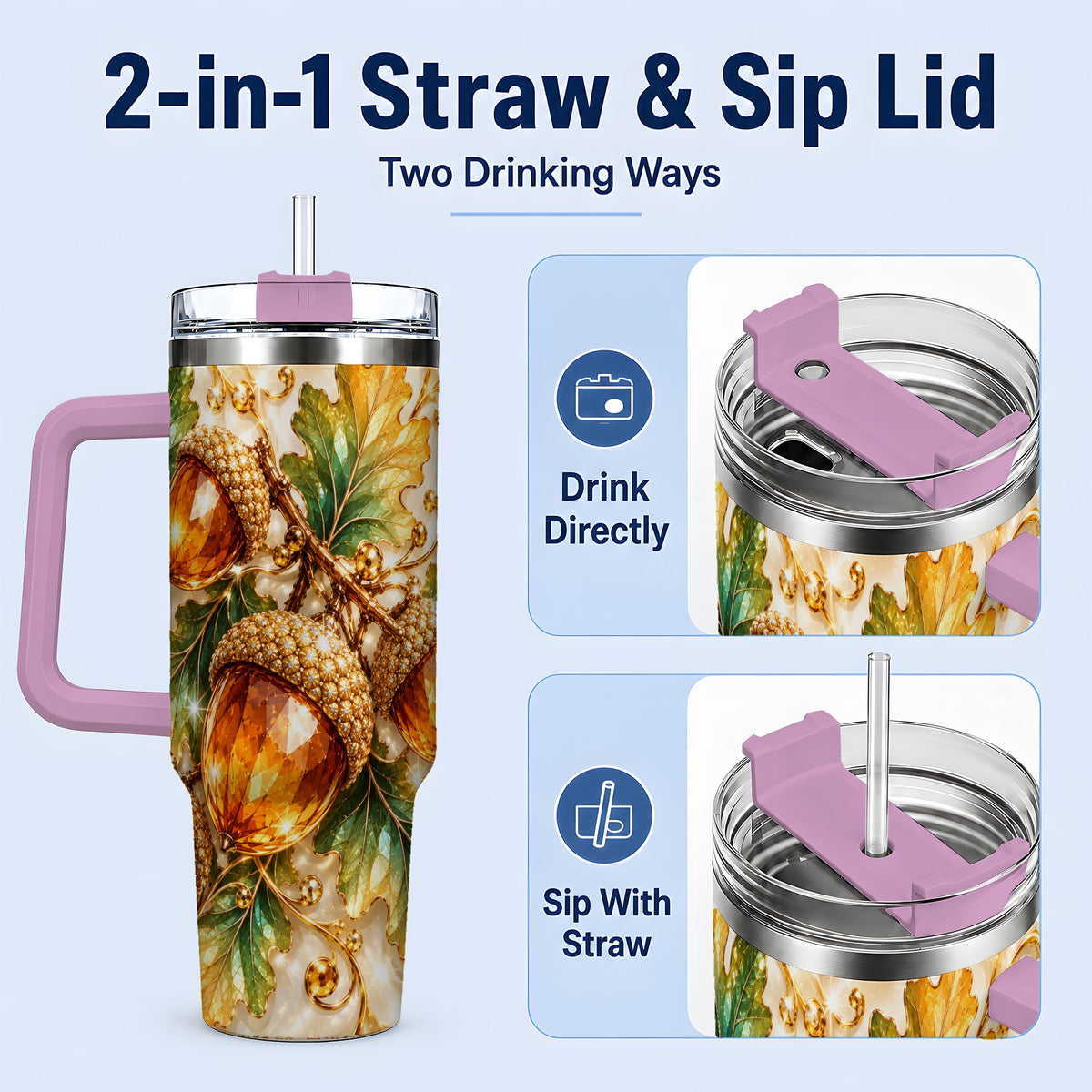 #pl[40oz|Pink] Jeweled Acorn Tumbler 40oz, Oak Leaf Botanical Autumn Nature Artwork