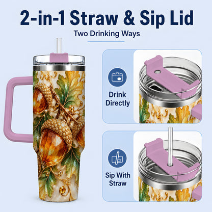 #pl[40oz|Pink] Jeweled Acorn Tumbler 40oz, Oak Leaf Botanical Autumn Nature Artwork