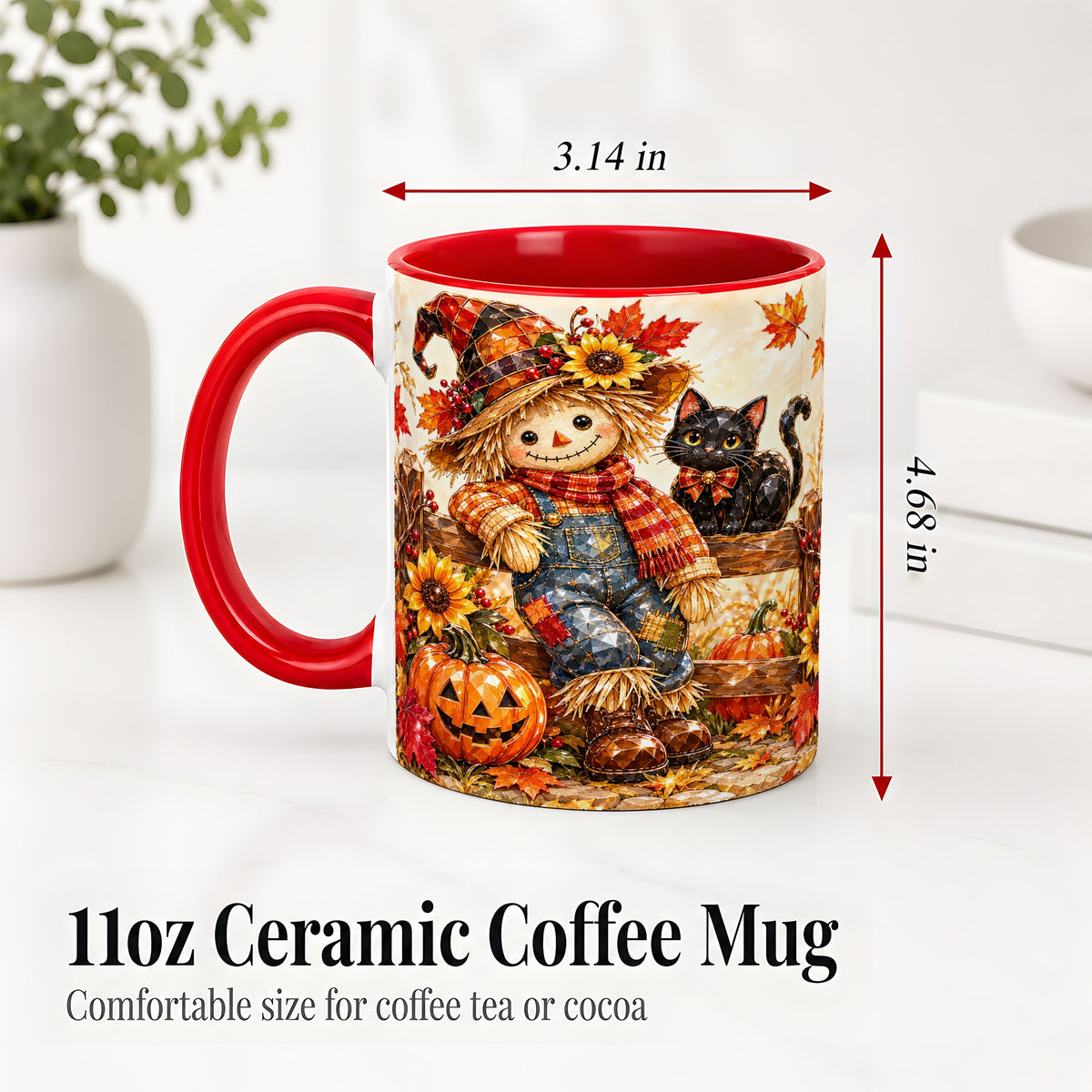 #pl[11oz|Red] Autumn Scarecrow Cat Ceramic Mug, Pumpkin Sunflower Artwork