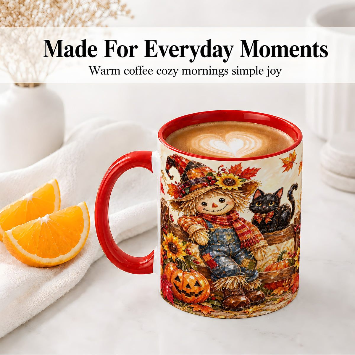 #pl[11oz|Red] Autumn Scarecrow Cat Ceramic Mug, Pumpkin Sunflower Artwork