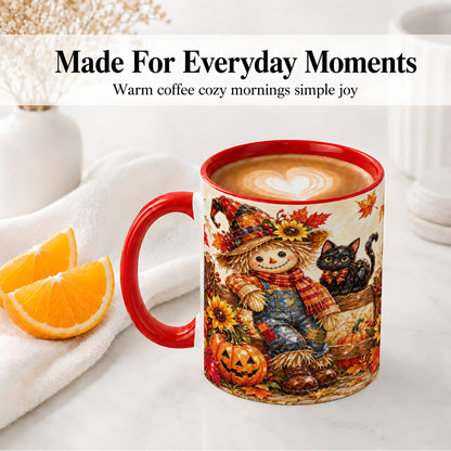 #pl[11oz|Red] Autumn Scarecrow Cat Ceramic Mug, Pumpkin Sunflower Artwork