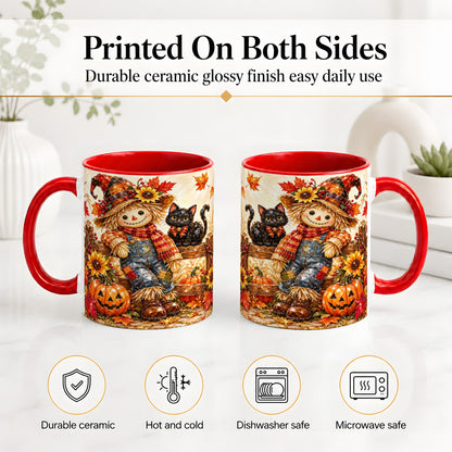 #pl[11oz|Red] Autumn Scarecrow Cat Ceramic Mug, Pumpkin Sunflower Artwork