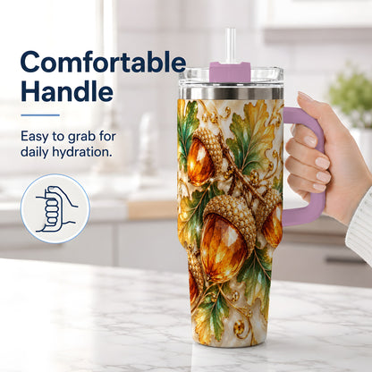 #pl[40oz|Pink] Jeweled Acorn Tumbler 40oz, Oak Leaf Botanical Autumn Nature Artwork