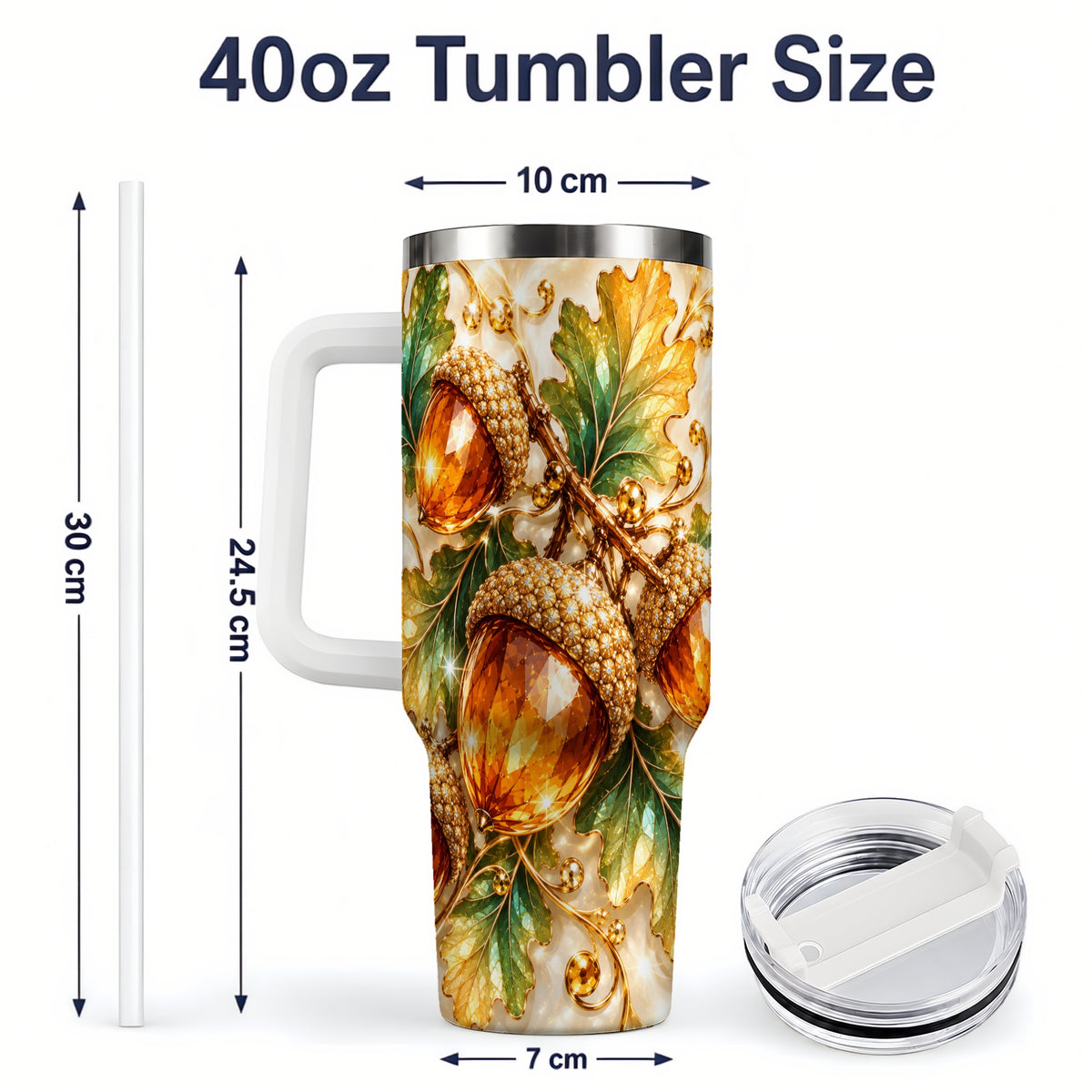 #pl[40oz|White] Jeweled Acorn Tumbler 40oz, Oak Leaf Botanical Autumn Nature Artwork