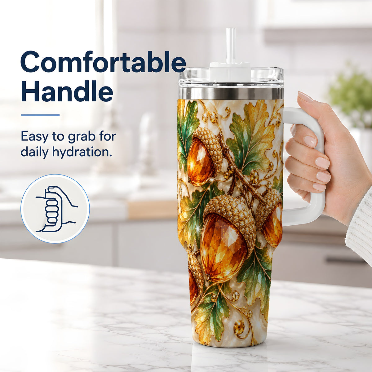 #pl[40oz|White] Jeweled Acorn Tumbler 40oz, Oak Leaf Botanical Autumn Nature Artwork