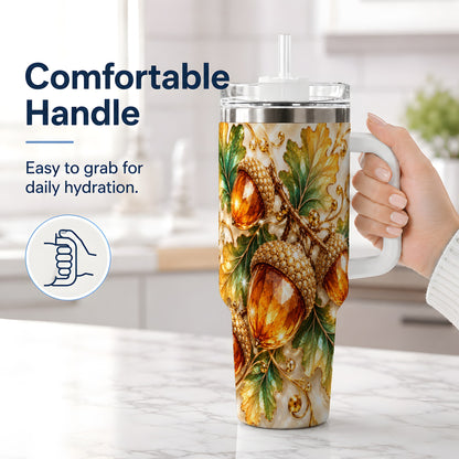 #pl[40oz|White] Jeweled Acorn Tumbler 40oz, Oak Leaf Botanical Autumn Nature Artwork