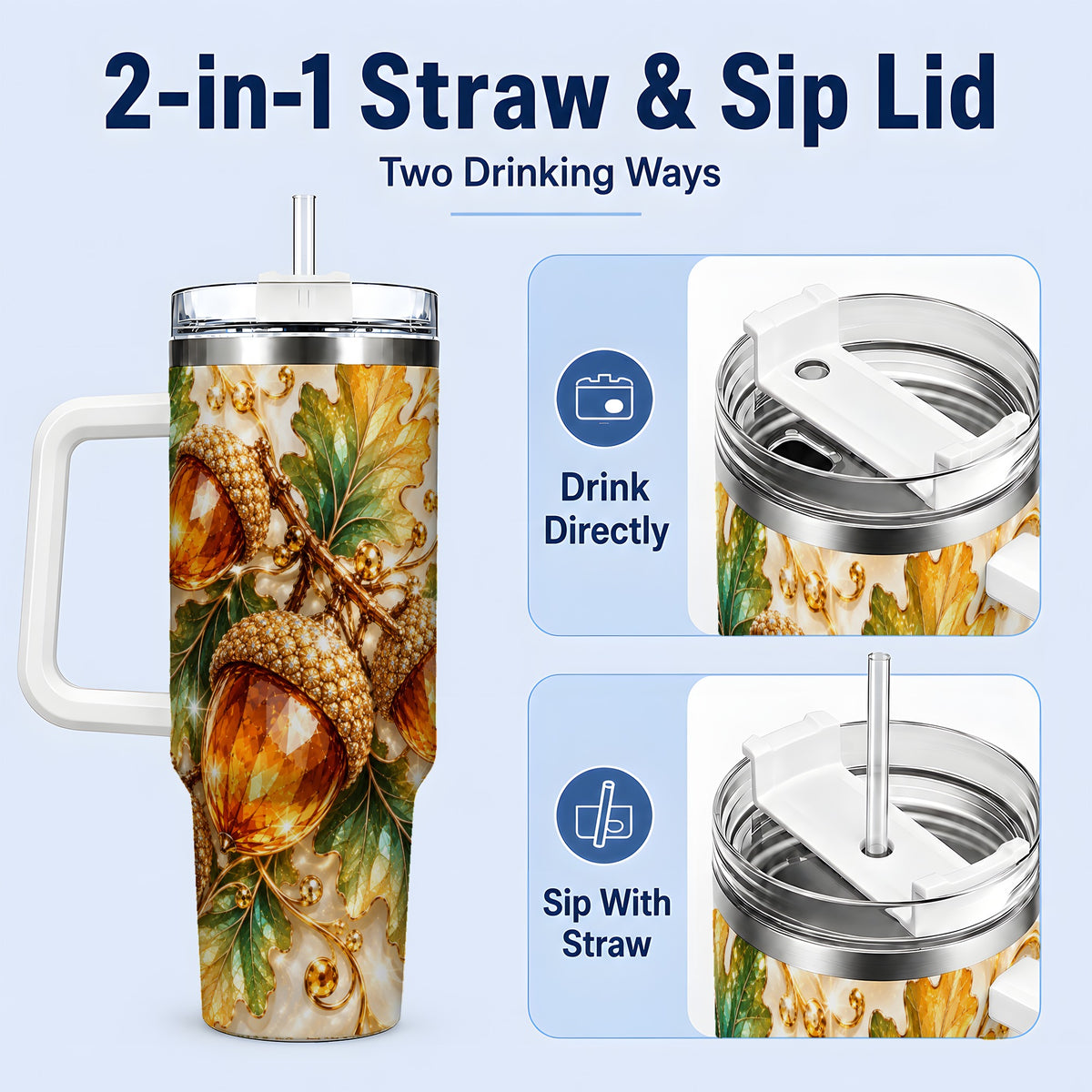 #pl[40oz|White] Jeweled Acorn Tumbler 40oz, Oak Leaf Botanical Autumn Nature Artwork