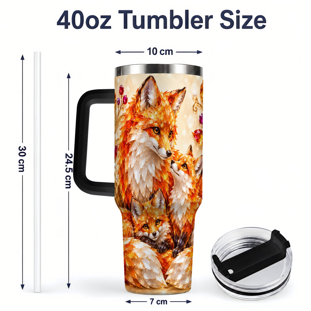 #pl[40oz|Black] Autumn Fox Tumbler 40oz, Fox Family Jewel Leaf Woodland Nature Artwork