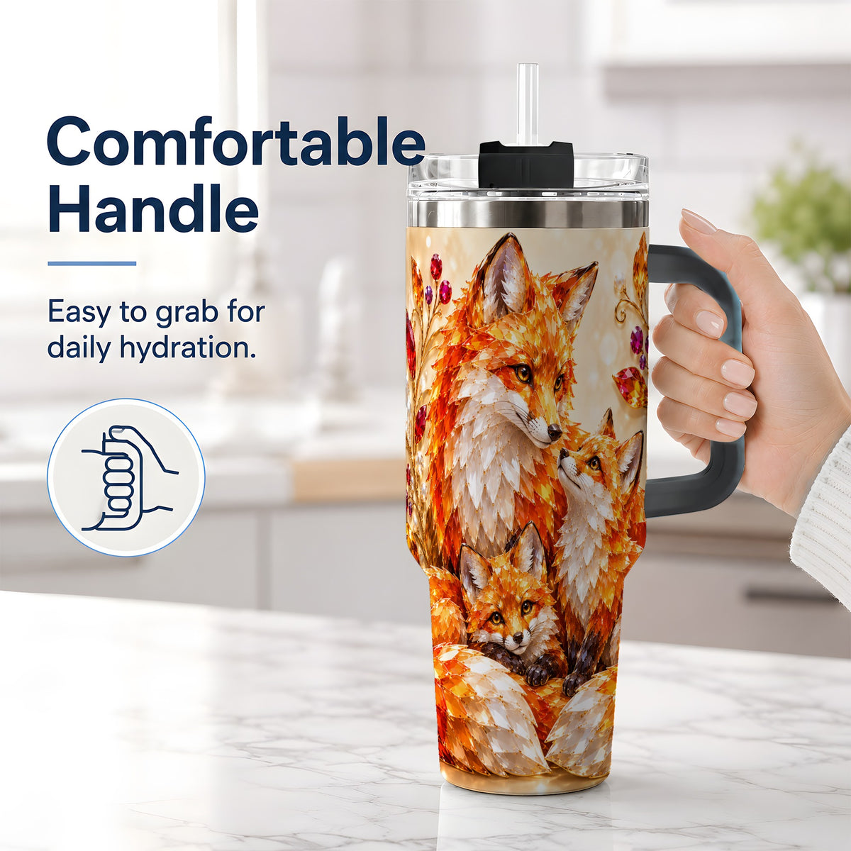 #pl[40oz|Black] Autumn Fox Tumbler 40oz, Fox Family Jewel Leaf Woodland Nature Artwork