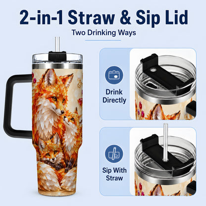 #pl[40oz|Black] Autumn Fox Tumbler 40oz, Fox Family Jewel Leaf Woodland Nature Artwork