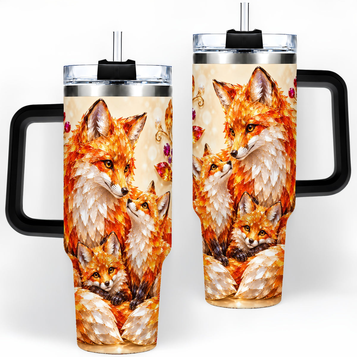 #pl[40oz|Black] Autumn Fox Tumbler 40oz, Fox Family Jewel Leaf Woodland Nature Artwork
