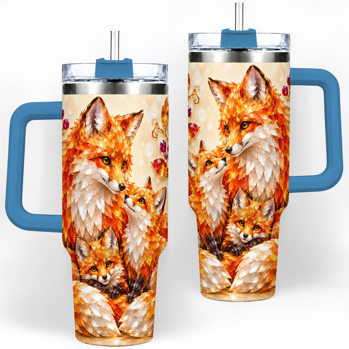 #pl[40oz|Blue] Autumn Fox Tumbler 40oz, Fox Family Jewel Leaf Woodland Nature Artwork