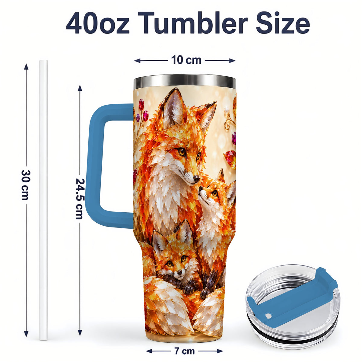 #pl[40oz|Blue] Autumn Fox Tumbler 40oz, Fox Family Jewel Leaf Woodland Nature Artwork