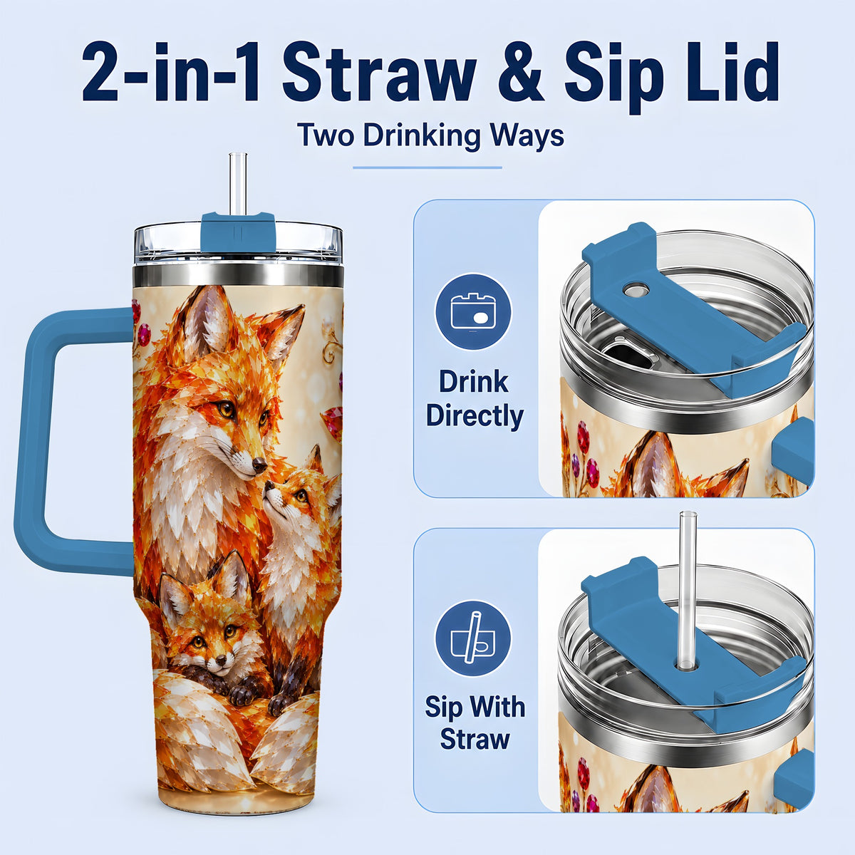 #pl[40oz|Blue] Autumn Fox Tumbler 40oz, Fox Family Jewel Leaf Woodland Nature Artwork