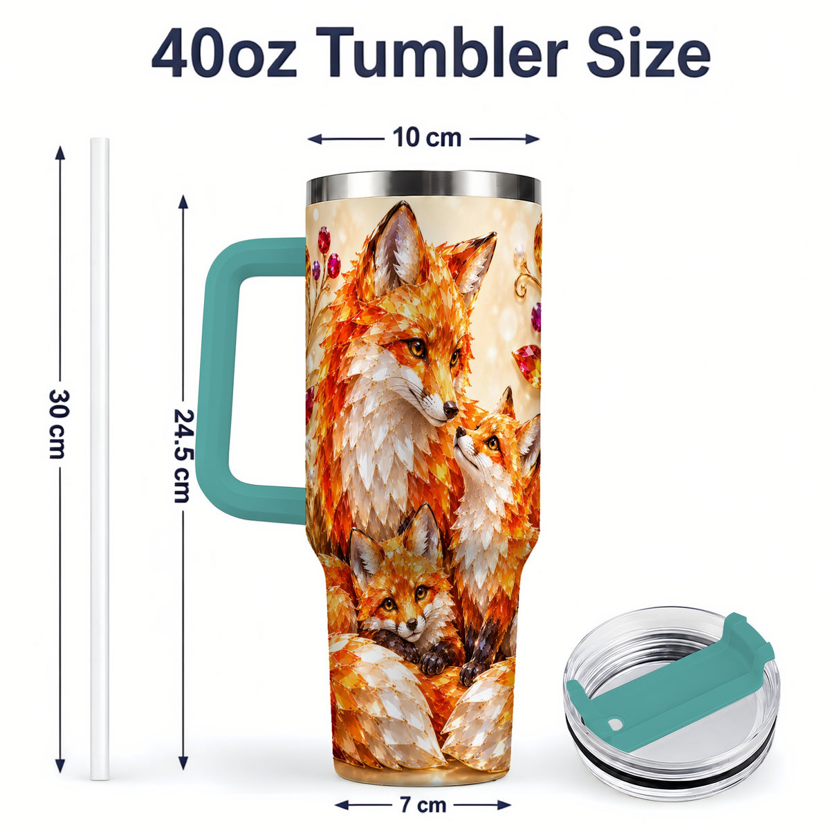 #pl[40oz|Green] Autumn Fox Tumbler 40oz, Fox Family Jewel Leaf Woodland Nature Artwork